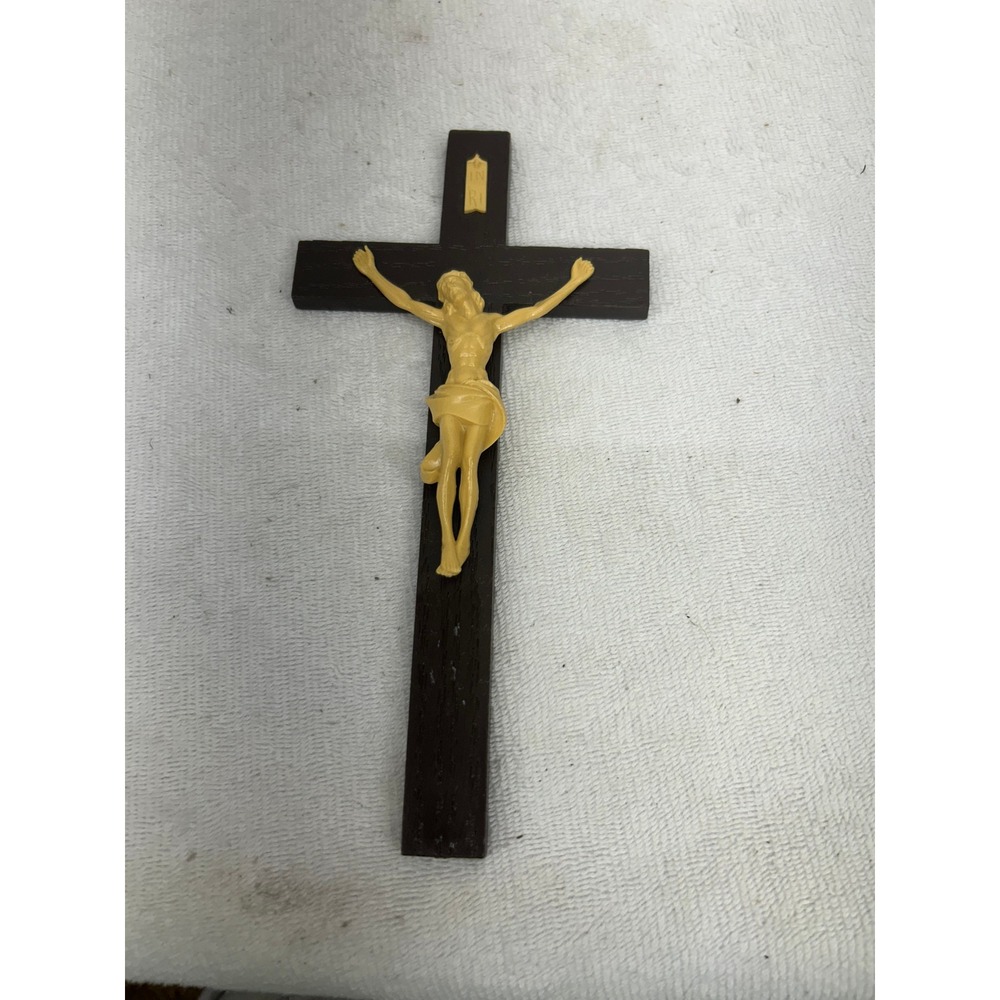 Vintage Brown and Cream Plastic Wall Crucifix Jesus Christ Religious Cross 8in